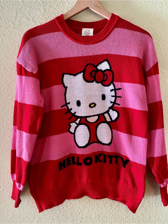 Hello Kitty Sweaters - Hello Kitty Pink and Red Striped Crewneck Sweater